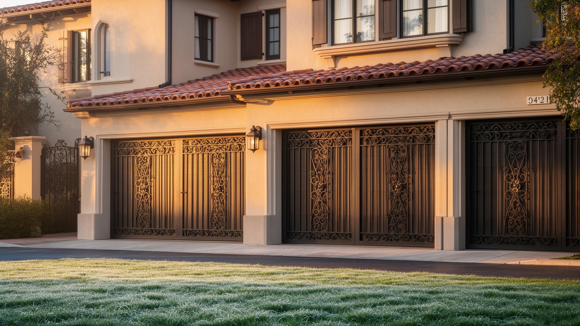 Beautiful Spanish colonial style garage door with decorative iron grilles on upscale townhouse